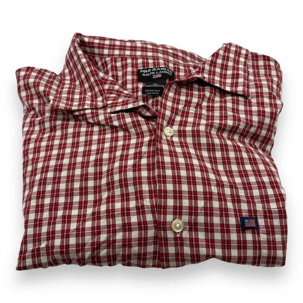 Ralph Lauren Polo Jeans Co Vintage Red White Check Short‎ Sleeve Shirt Men's XL